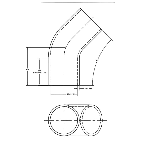 3.0"IDx45 Degree Silicone Elbow Hose Dimensions